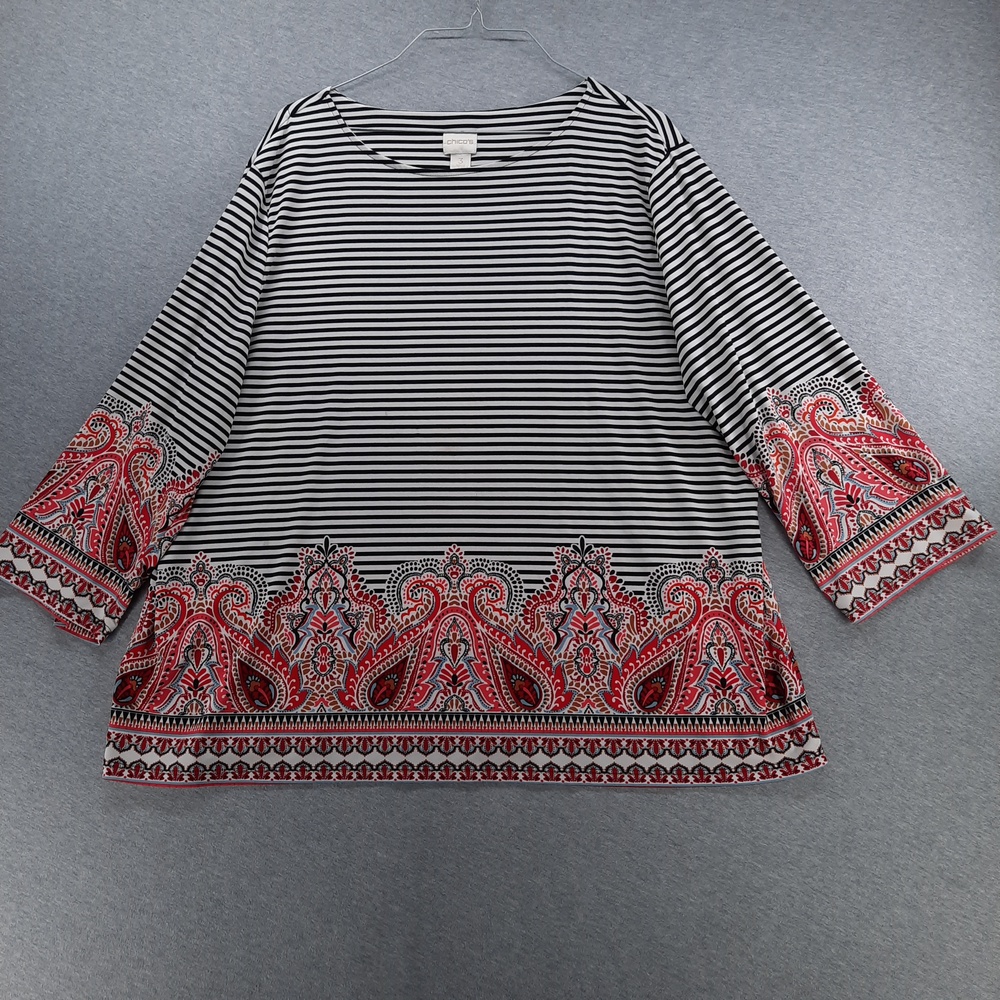 Chico's T-Shirt Womens 3 US XL 16 Black Stripe Paisley Border Bell Sleeve Top
